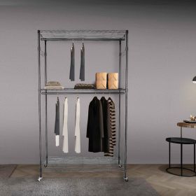 Double Rod Closet 3 Shelves Wire Shelving Clothing Rolling Rack Heavy Duty Garment Rack with Wheels and Side Hooks RT