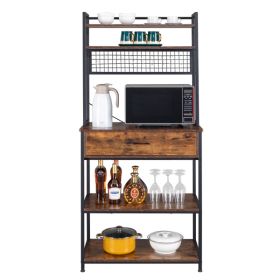 5-Tier Kitchen Bakers Rack with 10 S-Shaped Hooks and 1 drawer ; Industrial Microwave Oven Stand; Free Standing Kitchen Utility Cart Storage Shelf Org