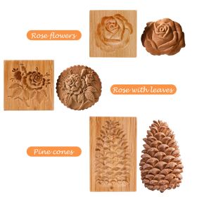 Christmas Wooden Cookie Mold Flower Pine Cone Shape Carved Press Stamp for Biscuit Christmas Decoration Kitchen Baking Tool (Color: 3pcs)